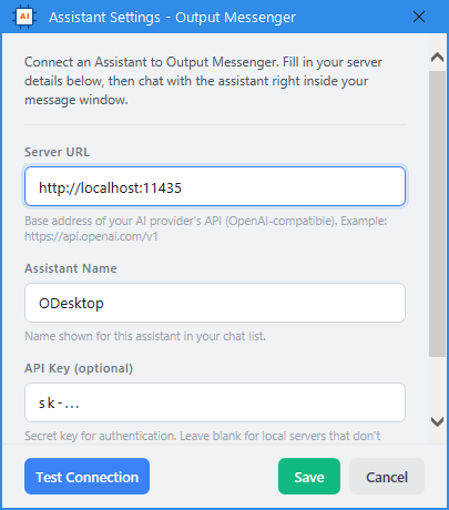 Assistant Settings window in Output Messenger with Server URL, Assistant Name and API Key fields