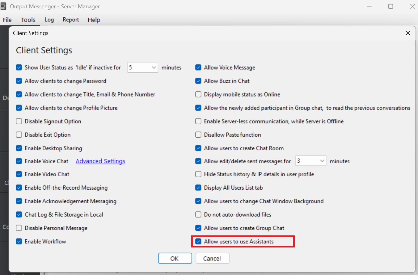 Allow users to use Assistants option in Server Manager Client Settings