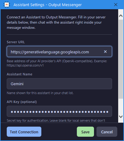 Assistant Settings configured for Google Gemini