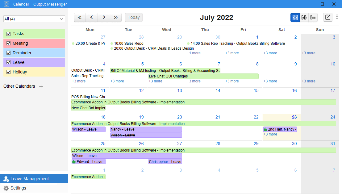 Calendar View your Schedule with meetings,tasks,reminders,leave,holidays