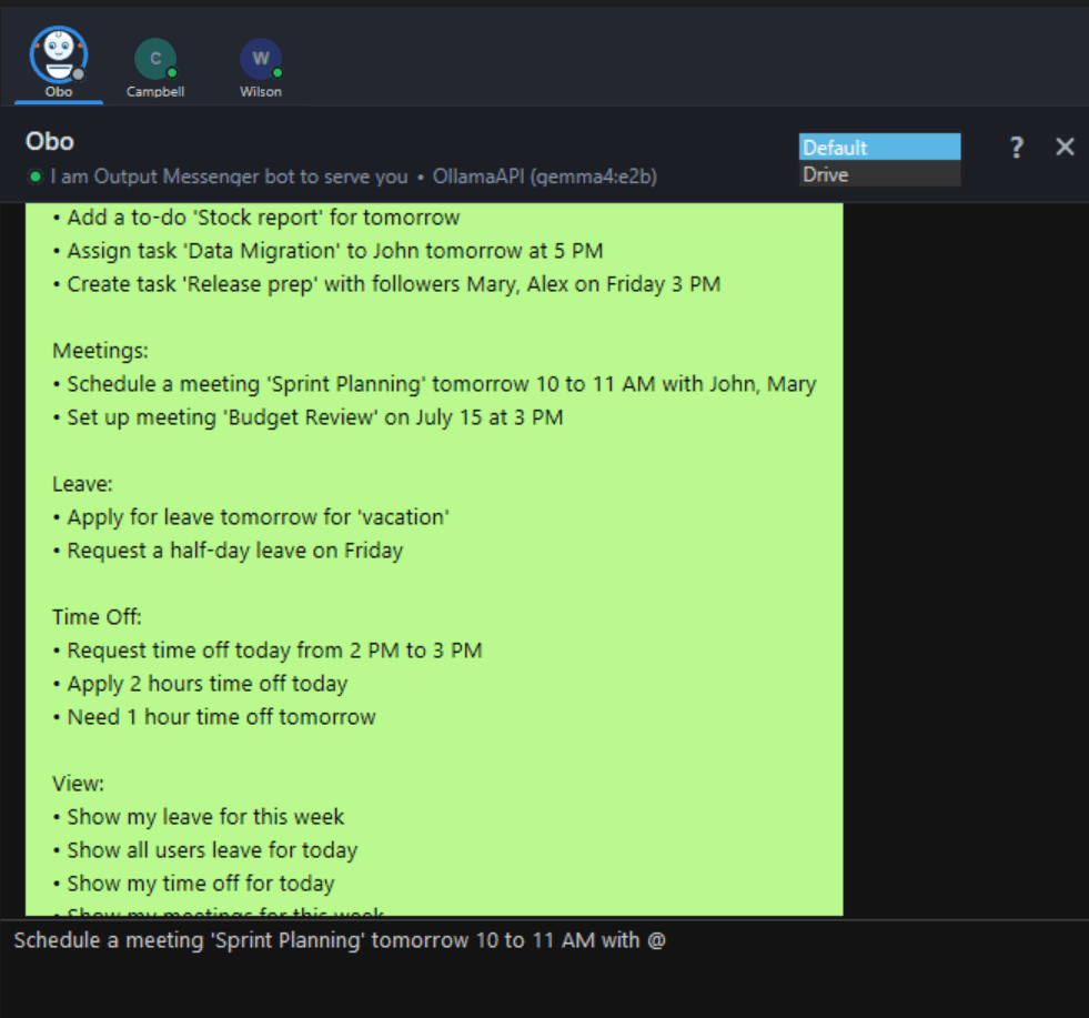 Default and Drive mode selector in the OBO chat window