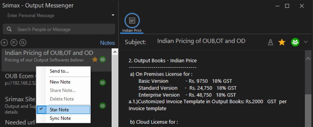 Output Messenger Starred Notes