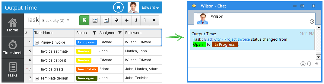 outputtime task status change open to inprogress